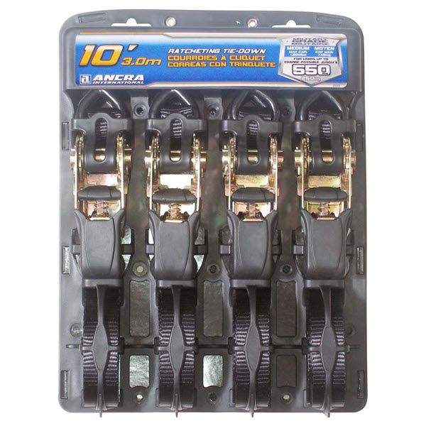 1" X 10' Ratchet utility tie-down with vinyl S hooks, 4 pack, by Ancra