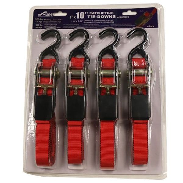 1” x 10’ S-Hook Ratchet Tie-Down, 4 Pack Clamshells, by Ancra