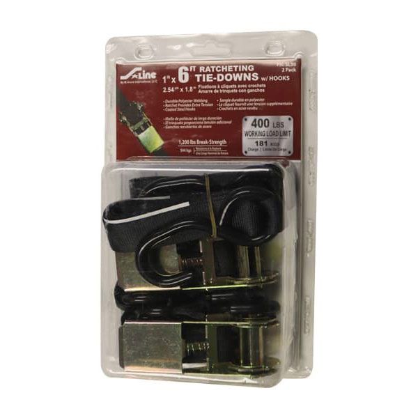1” x 6’ S-Hook Ratchet Tie-Down, Clamshell, 2 Pack, by Ancra