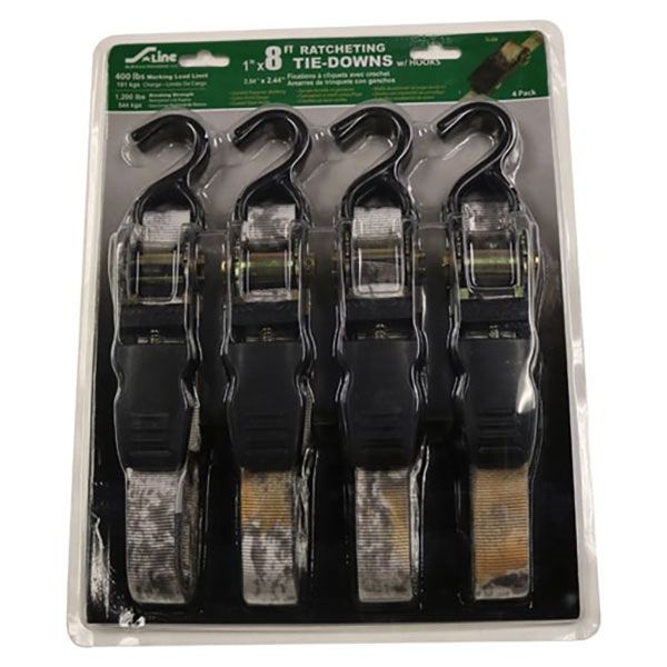 1” x 8’ S-Hook Ratchet Tie-Down, Camo Style, 4 Pack, by Ancra