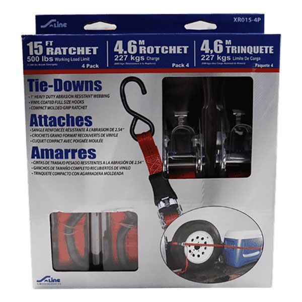 1” x 15’ Commercial Grade S-Hook Ratchet Tie-Down, 4 Pack, by Ancra