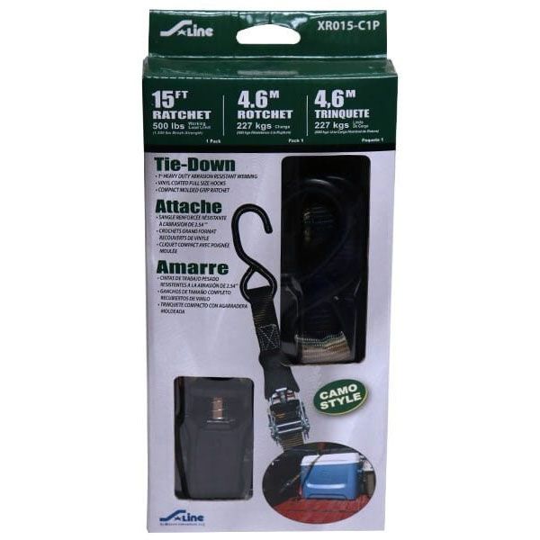 1” x 15’ Commercial Grade S-Hook Ratchet Tie-Down, Camo Web, by Ancra
