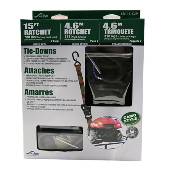 1.25” x 15’ Commercial Grade S-Hook Ratchet Tie-Down, Camo Web, 2 Pack, by Ancra