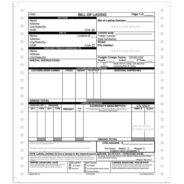 VICS Compliant Continuous Carbonless Bills of Lading