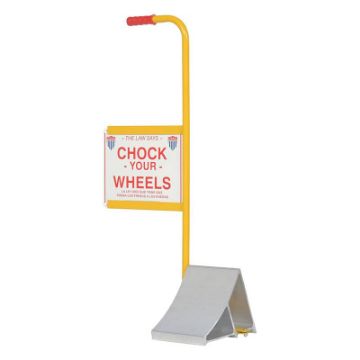 Aluminum Wheel Chock with Handle and Sign 11-7/8 In. x 21-3/16 In. x 37-9/16 In. Silver/Yellow Extruded Aluminum Chock with ergonomic handle and sign. - EALUM-7-HS