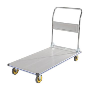 Folding aluminum platform truck with non-marking polyurethane casters. Capacity: 400 lb. Single Handle. Fold-Up Aluminum Platform Truck