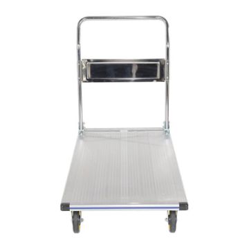 Folding aluminum platform truck with non-marking polyurethane casters. Capacity: 400 lb. Single Handle. Fold-Up Aluminum Platform Truck