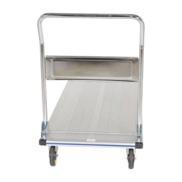 Folding aluminum platform truck with non-marking polyurethane casters. Capacity: 400 lb. Single Handle. Fold-Up Aluminum Platform Truck