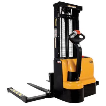 Double Mast Stacker with Powered Drive and Powered Lift - Features: Adjustable Forks / Adjustable Support Legs (works with pallets & skids)., , Raised Height: 101", Uniform Capacity (lbs) 0"-62" RH: 2,200 lbs., Model: S-101-AA-DM Double Mast Fully Powered Electric Stacker up to 118"H